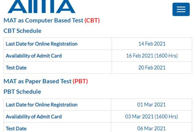 AIMA MAT 2021 Schedule